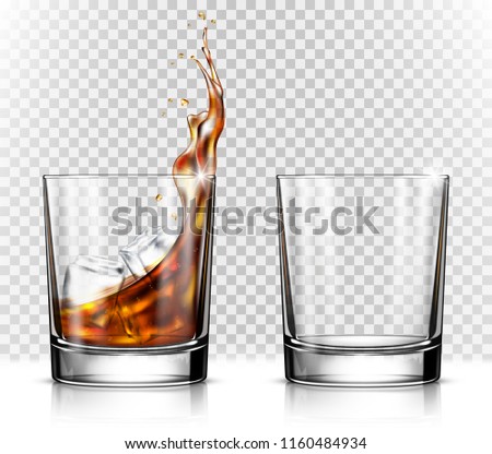 Empty and full whiskey glass with ice cubes