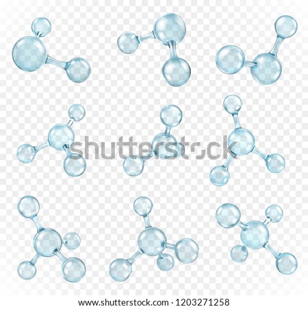 Glass transparent molecules model. Reflective and refractive abstract molecular shape isolated on transparent background. Vector illustration