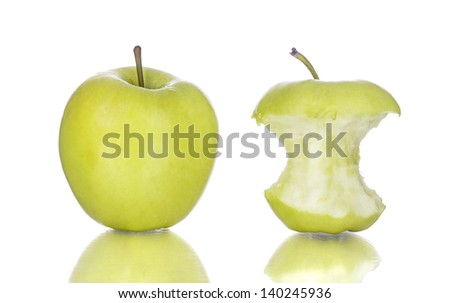 Green bitten apple and whole apple isolated on white