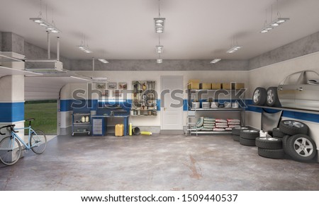 Large garage with workspace and car components, 3d illustration Foto stock © 