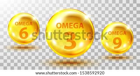 Gold, fish oil pills isolated on transparent. Omega 3, 6 and 9 gel capsule. Jelly fish oil tablet.