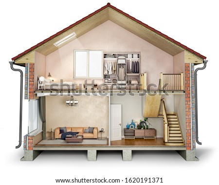 House cross section, view on bedroom, living room and hallway, 3d illustration Сток-фото © 