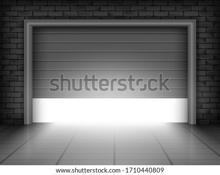 Vector illustration of garage door in brick wall with bright light inside
