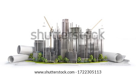 Skyscrapers on the blueprint. Construction concept. 3d illustration