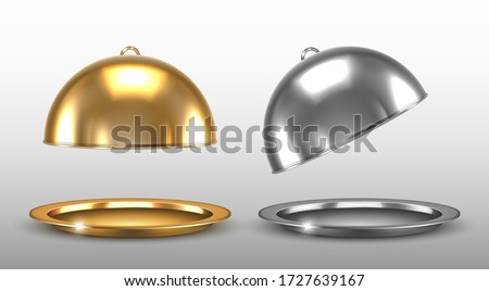 Dome for restaurant dishes. Vector realistic golden and silver cloche.