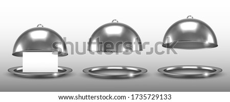 Dome for restaurant dishes set. Vector realistic silver cloche.