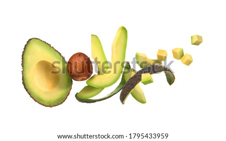 sliced avocado on a white background with avocado peel