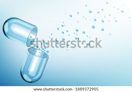 Open blue capsule pill with medicine leaking from it over a blue background.