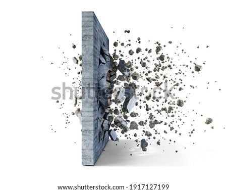 Concrete wall on a white background shatters into the pieces, 3d illustration