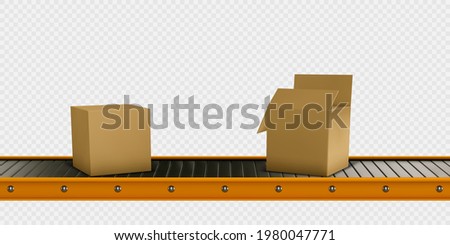 Package boxes on industrial conveyor line. Realistic vector illustration ストックフォト © 