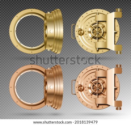 Round golden bank vault doors set on transparent background. Vector realistic