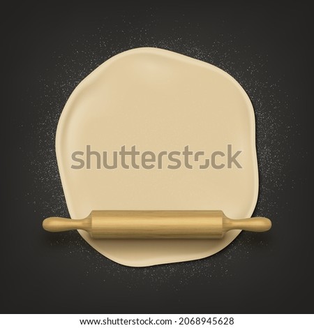 Fresh raw dough and wooden rolling pin realistic vector illustration top view. Vector dough kneading with rolling pin