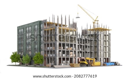 Building in half of construction with a finished building facade on white background. 3d illustration ストックフォト © 