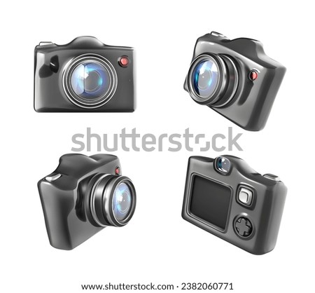 A set of black cameras in different angles on a white background. Vector illustration