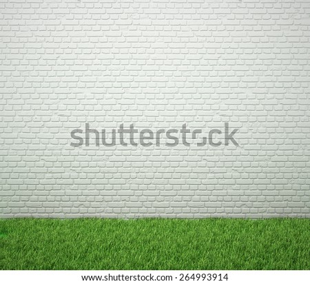 Brick wall with green grass. Blank for drawing.