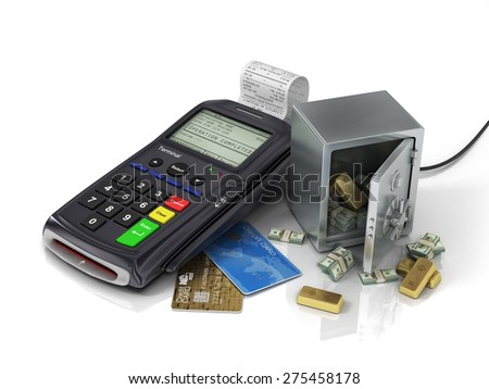Payment terminal with credit card and safe with gold and money. Credit card reader, payment concept.