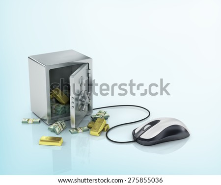 Safe with gold and money and computer mouse.Internet banking, payment concept.