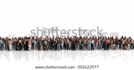 Protest of crowd. Large crowd of people stay on a line on the white background.
