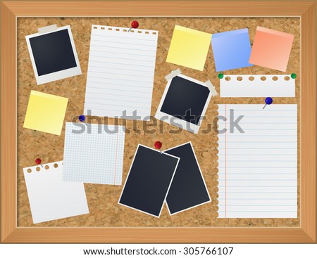 Bulletin board with photos and paper notes, vector eps10 illustration