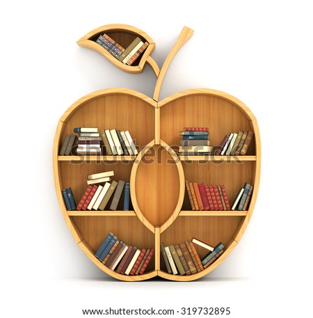 Concept of training. Wooden bookshelf in form of apple. Science concept. A human have more knowledge.