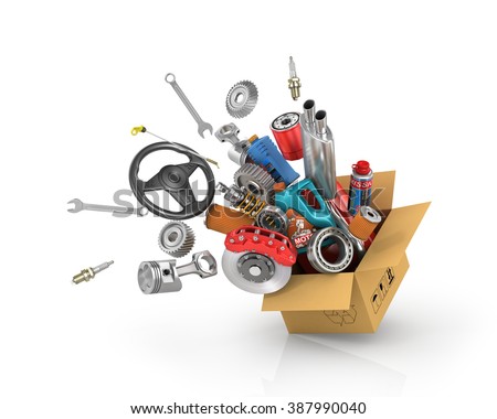 Auto parts in the card box. Automotive basket shop. Auto parts store. Flying autoparts. Stock fotó © 