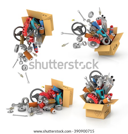 Set it auto parts in the cardboard boxes. Automotive basket shop. Auto parts store. Flying autoparts. Stock fotó © 