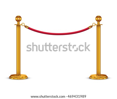 Golden barricade with red rope isolated on white background