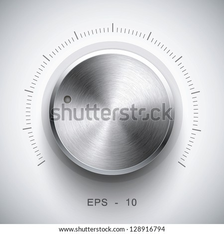 Technology music button (volume settings, sound control knob) with metal texture (stainless, steel, chrome), shadow and light background for internet sites, web interfaces (ui) and applications (apps)