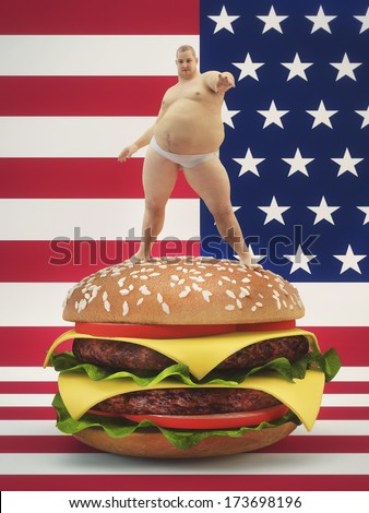 Fat man standing on a hamburger  with the USA flag background. Concept for healthy eating