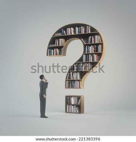 A man stands in front of a large closet with books in the form of a question mark, and think what choice to make.