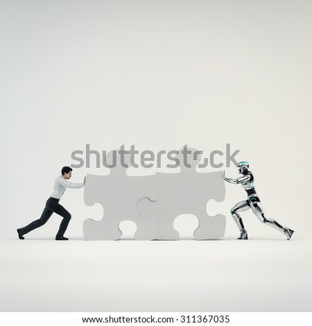 Robot and  businessman man pushed part of the puzzle. The concept teamwork human and artificial intelligence