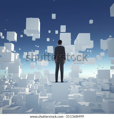 Businessman stand on cube and  looking to the future. Concept for business and technology.
