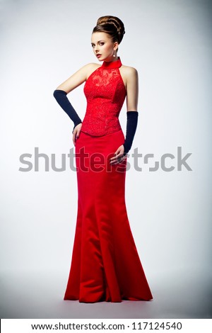 Beauty Bride In Long Bridal Red Dress And Black Gloves - Studio Shot ...