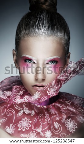Stylish Woman with Creative Face - Art. Bright Purple Makeup