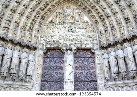 The Notre dame de Paris church. Decoration elements. Paris, France