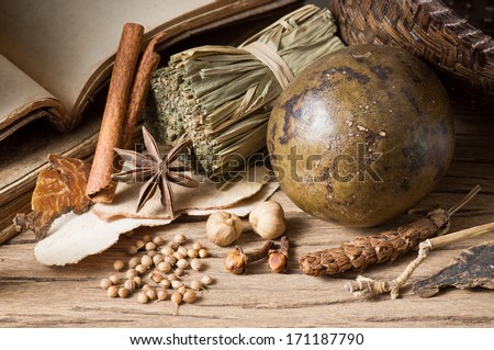 still life, many herb and spice with reference book