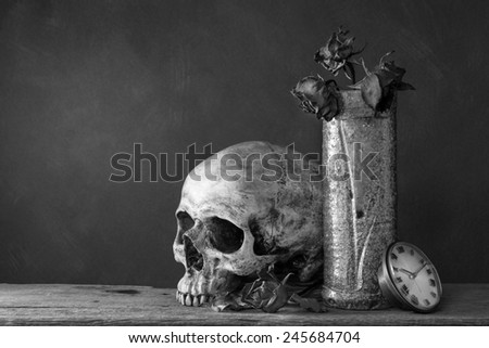 still life photography : skull with dry rose in ceramic vase and clock in waiting love concept in black and  white