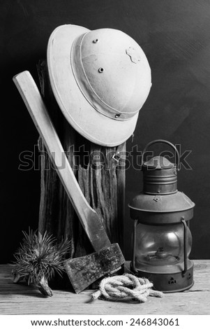 still life photography : hunter hat on tree stump, lantern, axe, rope and tillandsia in country life concept