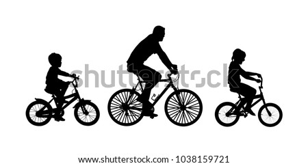 Fathers day, happy family people vector silhouette illustration isolated on white background. Father with son and daughter riding bicycle. Dad with children driving bike. Little boy and girl outdoor.