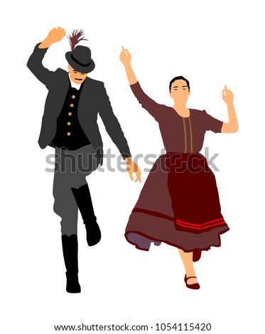 Hungarian folk dancers couple vector illustration. Germany folk dancer couple in love. Austrian folk dancers couple. East Europe folklore. Balkan folk dancing. Traditional wedding folklore event.