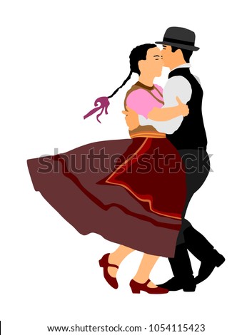 Hungarian folk dancers couple vector illustration. Germany folk dancer couple in love. Austrian folk dancers couple. East Europe folklore. Balkan folk dancing. Traditional wedding folklore event.