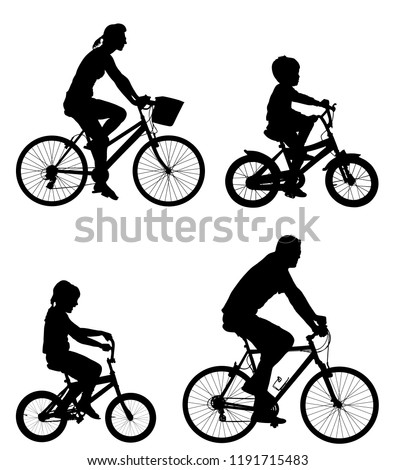 Happy family riding bicycle together vector silhouette illustration isolated. Little boy and girl riding bicycle with parents. Mother and father with kids outdoor enjoying bike driving. Biker family.