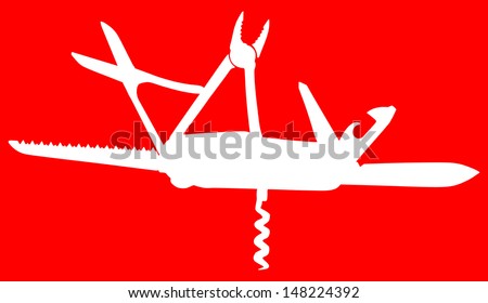 multipurpose vector illustration of knife, white shiluette, isolated on red background 