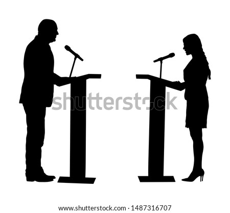 Public speaker standing on podium vector silhouette. Politician woman opening meeting ceremony event. Business man speaking with public. Talking on microphone. Election campaign vote  opponent duel.