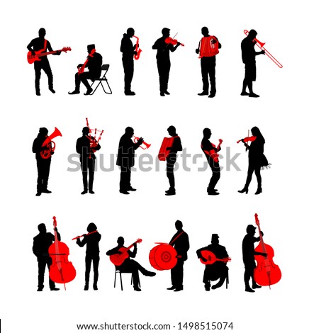 Big set of musician with music instrument silhouette. Guitar player, contrabass, violin, accordion, flutist, saxophone, bagpiper, clarinet, double bass, trumpet, bugler, drummer, cello, cellist artist