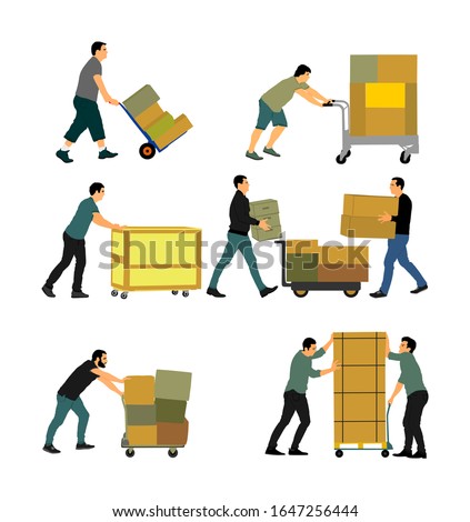Delivery man carrying boxes of goods vector. Post man with package. Distribution storehouse. Boy holding heavy load for moving service. Handy man in move action. Hand transportation method by cart.