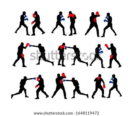 Trainer and boxer vector silhouette isolated on white background. Sparring partner martial arts. Direct kick. Clinch, knockout, hook, uppercut. Coach teaches fighter tactical on training in ring. 