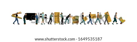 Delivery man carrying boxes of goods. Post man with package . Distribution and procurement. Boy holding heavy package for moving service. Handy man walking in move action. Hand transportation method.