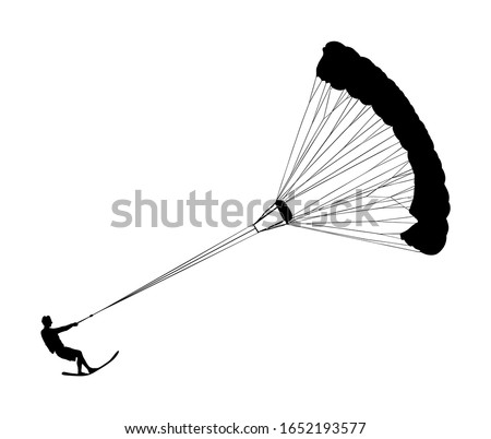 Man riding kiteboard vector silhouette isolated on white. Extreme water sport kiteboarding with parachute. Kite surfer on waves. Kite surfing on beach, enjoying in summer holiday time. Kitesurfer.