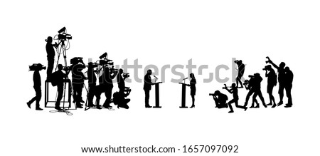 Election campaign duel public speaker politician woman against man opponent vector silhouette.  Meeting event. Businessman speaking, lady talking on vote press conference. Cameraman photographer crew